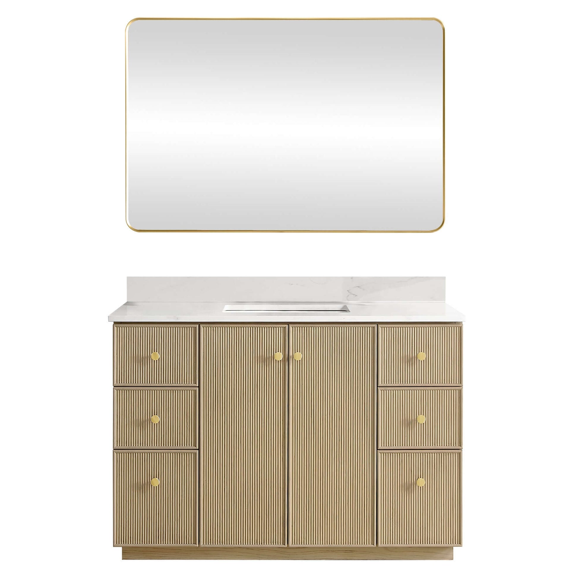 Vinnova Oza 48-inch free-standing single vanity in aged natural oak with white quartz stone top and mirror