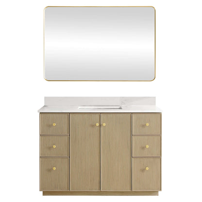 Vinnova Oza 48-inch free-standing single vanity in aged natural oak with white quartz stone top and mirror