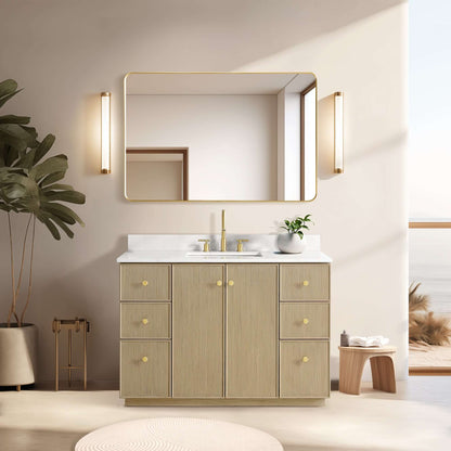 Vinnova Oza 48-inch free-standing single vanity in aged natural oak with white quartz stone top and mirror