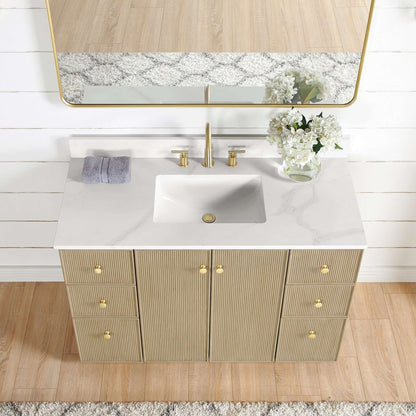 Vinnova Oza 48-inch free-standing single vanity in aged natural oak with white quartz stone top and mirror