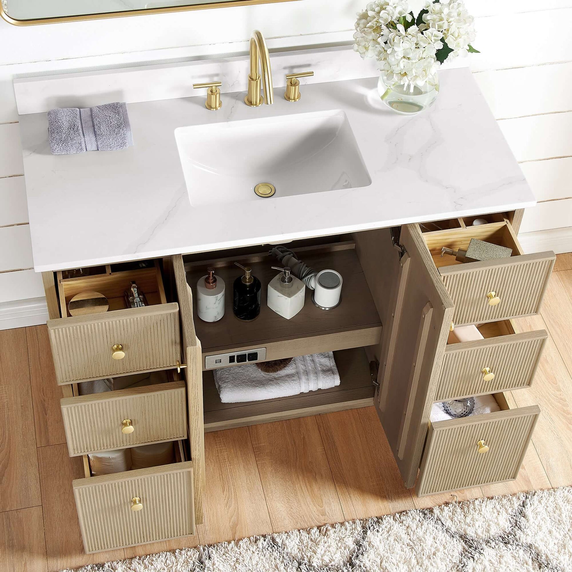 Vinnova Oza 48-inch free-standing single vanity in aged natural oak with white quartz stone top and mirror