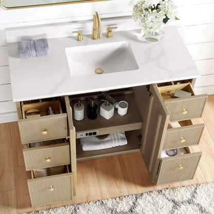Vinnova Oza 48-inch free-standing single vanity in aged natural oak with white quartz stone top and mirror