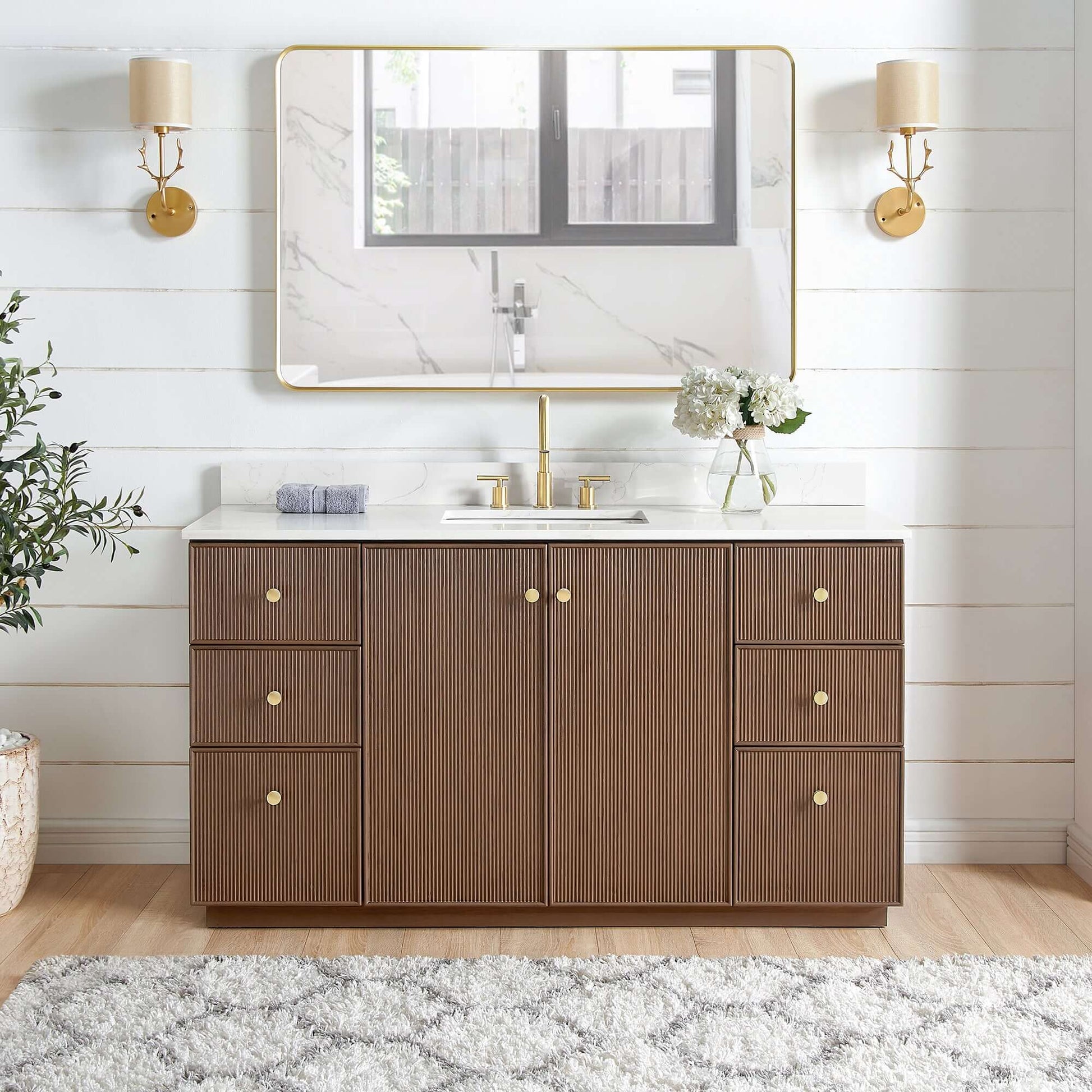 Vinnova Oza 60-inch free-standing single vanity in aged dark brown oak with white quartz stone top