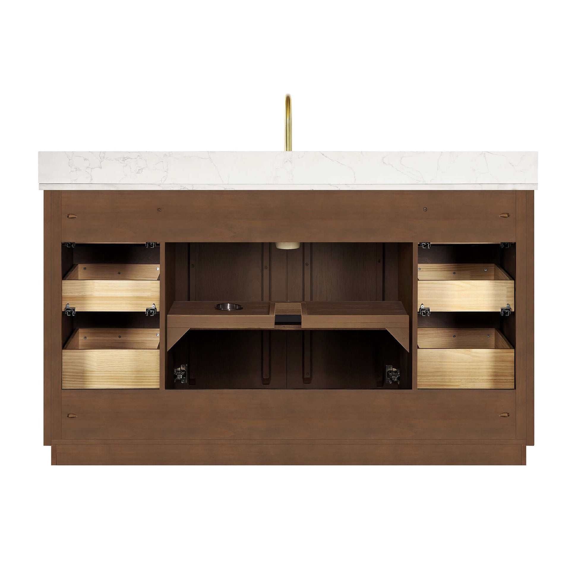 Vinnova Oza 60-inch free-standing single vanity in aged dark brown oak with white quartz stone top