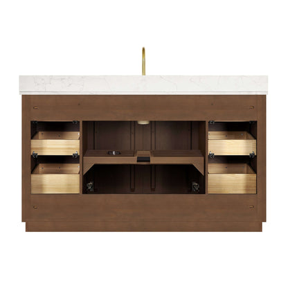 Vinnova Oza 60-inch free-standing single vanity in aged dark brown oak with white quartz stone top