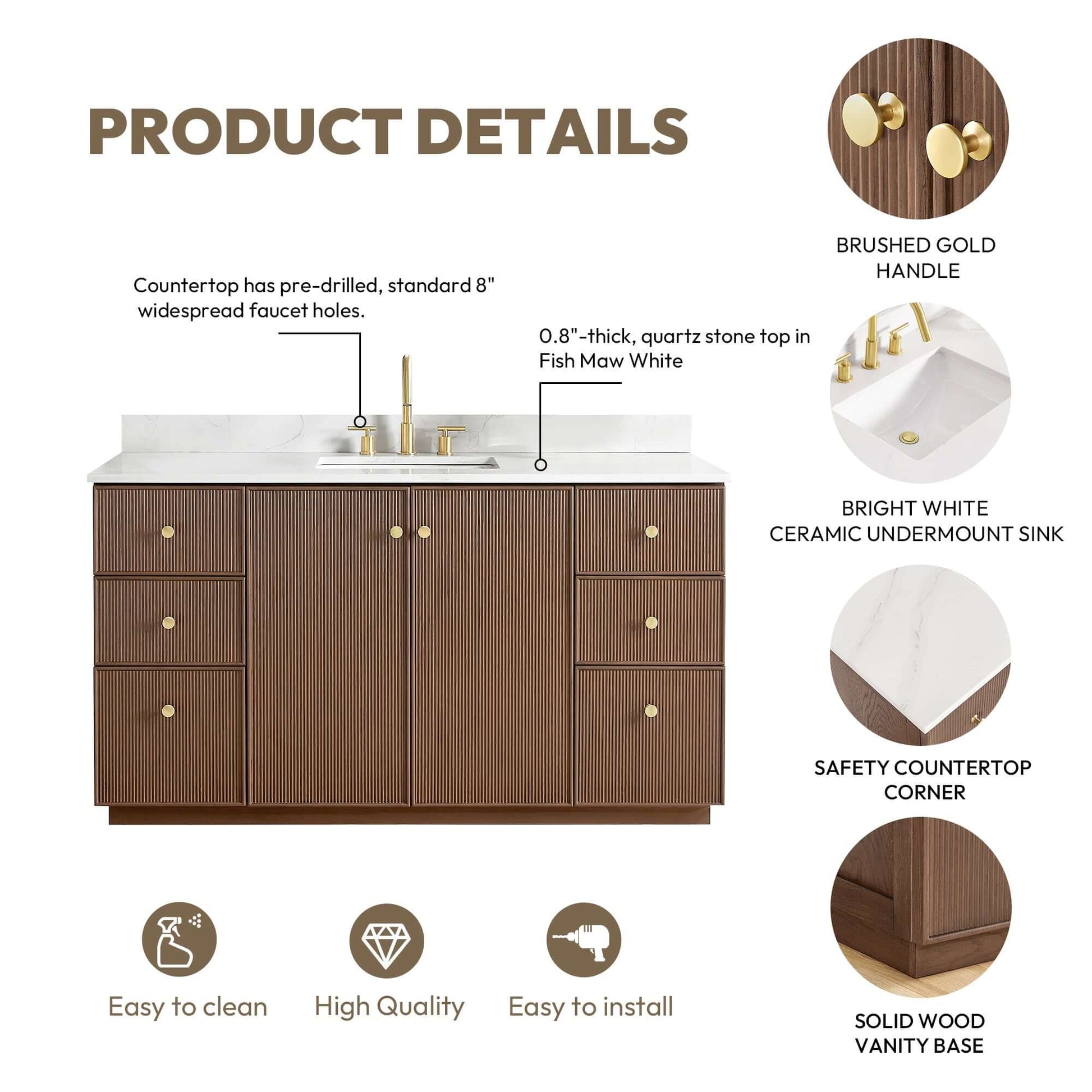 Vinnova Oza 60-inch free-standing single vanity in aged dark brown oak with white quartz stone top