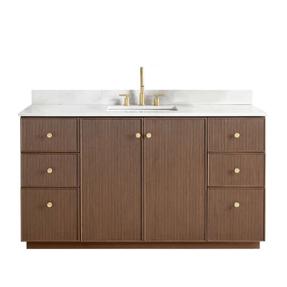 Vinnova Oza 60-inch free-standing single vanity in aged dark brown oak with white quartz stone top