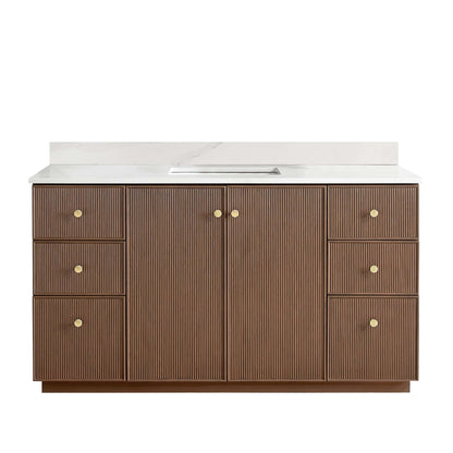 Vinnova Oza 60-inch free-standing single vanity in aged dark brown oak with white quartz stone top
