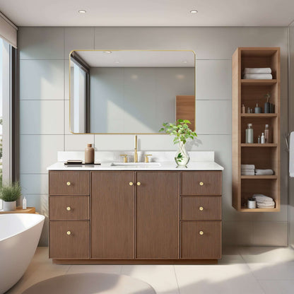 Vinnova Oza 60-inch free-standing single vanity in aged dark brown oak with white quartz stone top