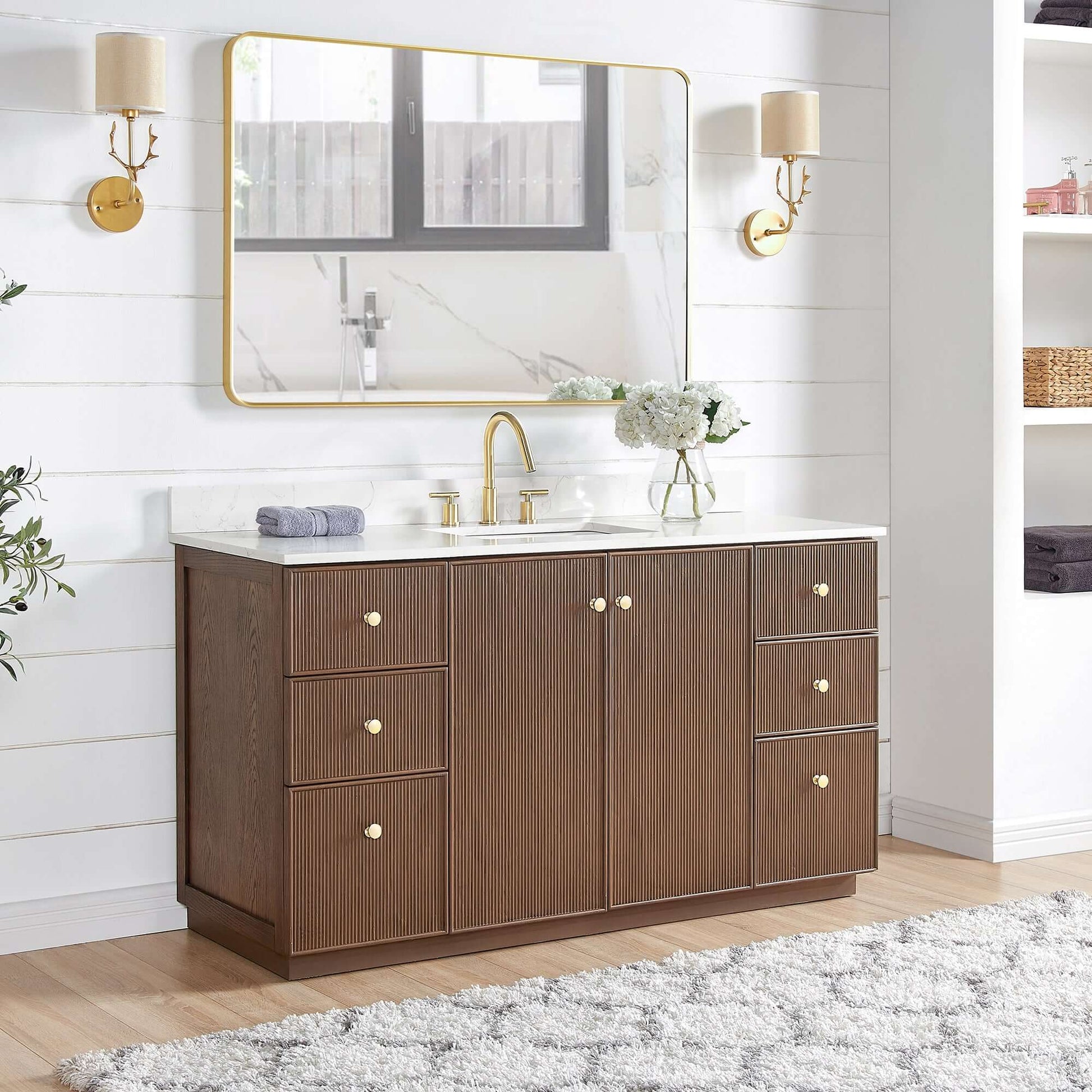 Vinnova Oza 60-inch free-standing single vanity in aged dark brown oak with white quartz stone top
