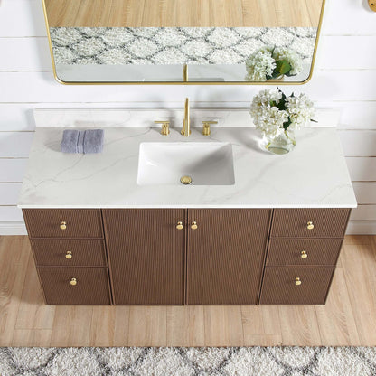 Vinnova Oza 60-inch free-standing single vanity in aged dark brown oak with white quartz stone top