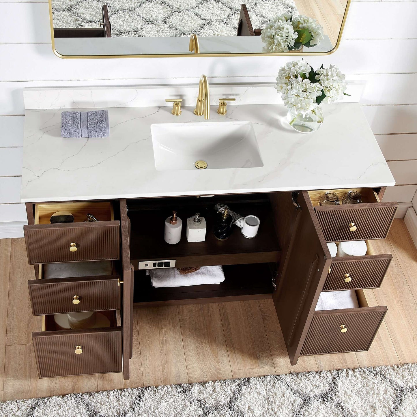 Vinnova Oza 60-inch free-standing single vanity in aged dark brown oak with white quartz stone top