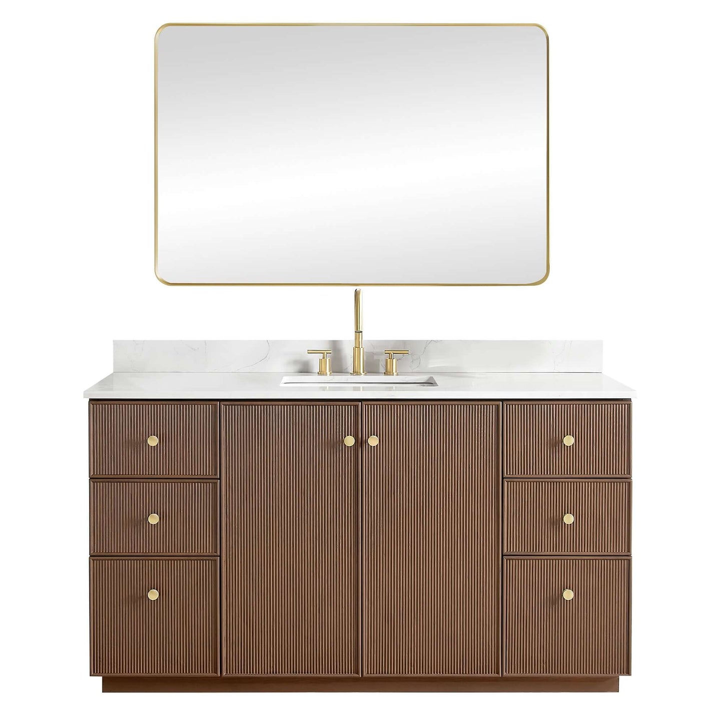 Vinnova Oza 60-inch free-standing single vanity in aged dark brown oak with white quartz stone top and mirror