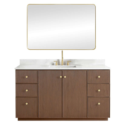 Vinnova Oza 60-inch free-standing single vanity in aged dark brown oak with white quartz stone top and mirror