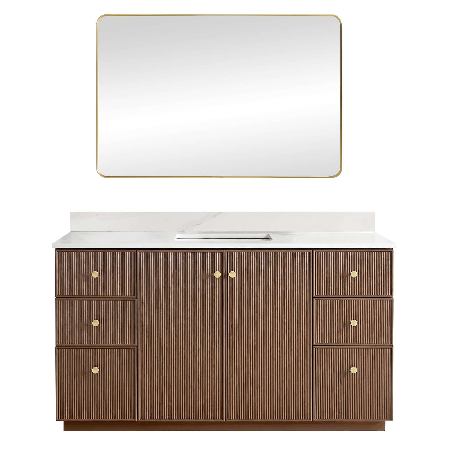 Vinnova Oza 60-inch free-standing single vanity in aged dark brown oak with white quartz stone top and mirror