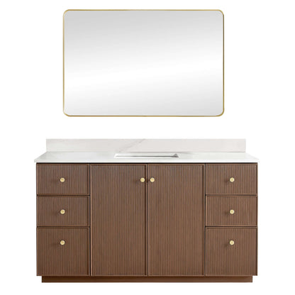 Vinnova Oza 60-inch free-standing single vanity in aged dark brown oak with white quartz stone top and mirror