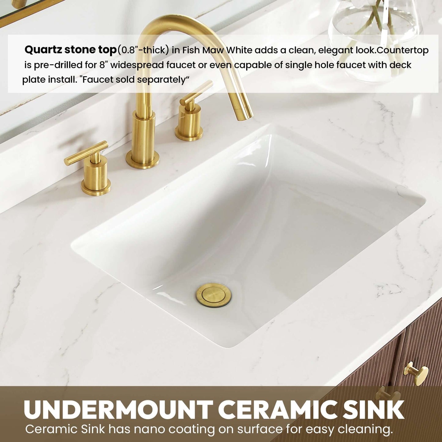 Vinnova Oza 60-inch free-standing single vanity in aged dark brown oak with white quartz stone top and mirror