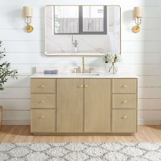 Vinnova Oza 60-inch free-standing single vanity in aged natural oak with white quartz stone top