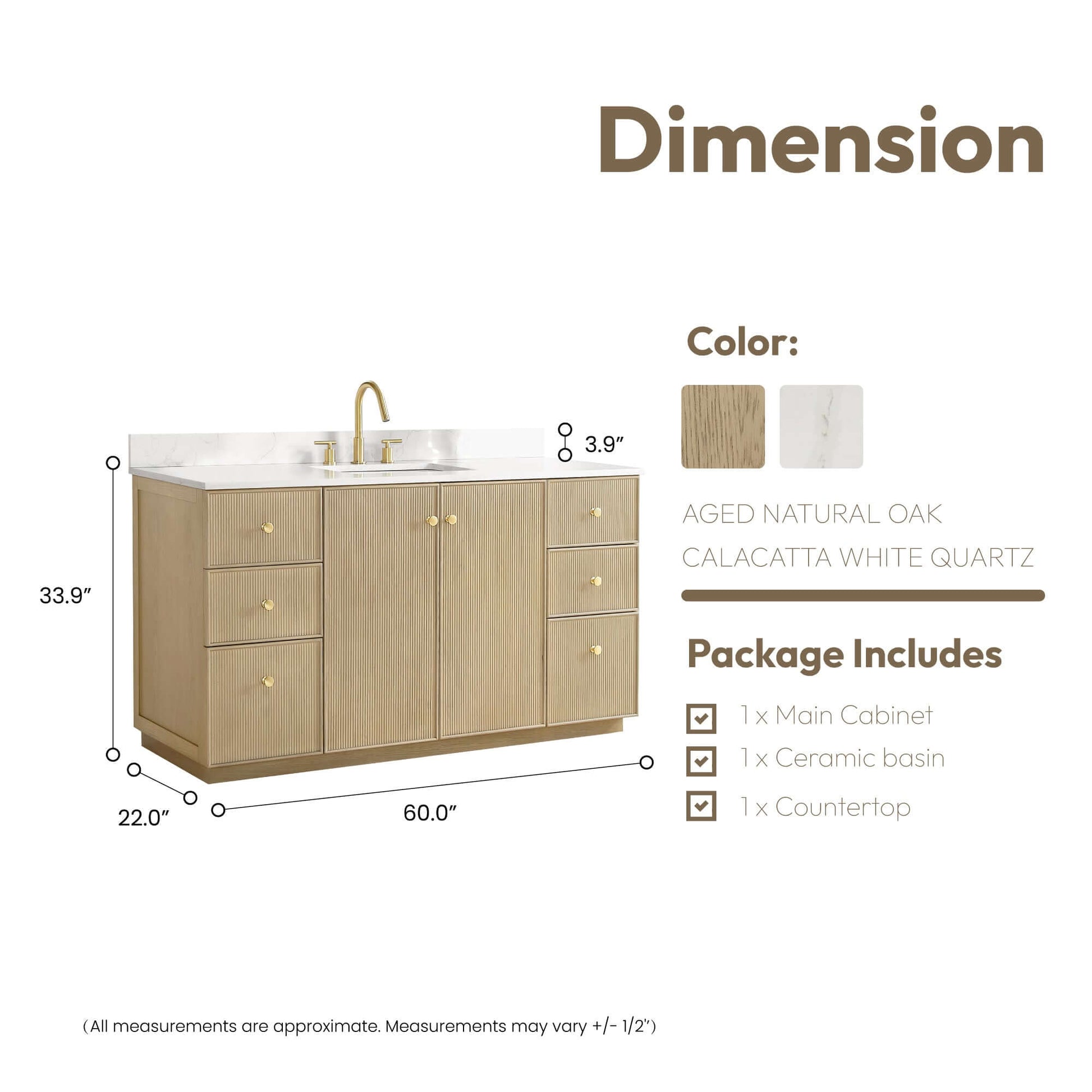 Vinnova Oza 60-inch free-standing single vanity in aged natural oak with white quartz stone top