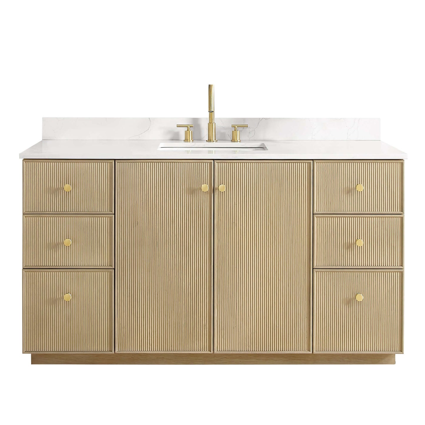Vinnova Oza 60-inch free-standing single vanity in aged natural oak with white quartz stone top