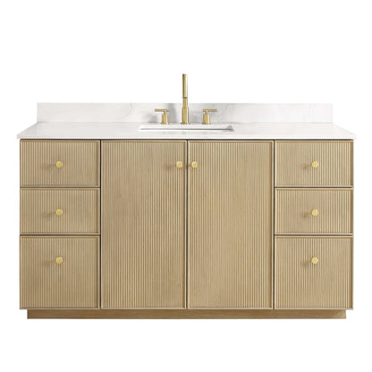 Vinnova Oza 60-inch free-standing single vanity in aged natural oak with white quartz stone top