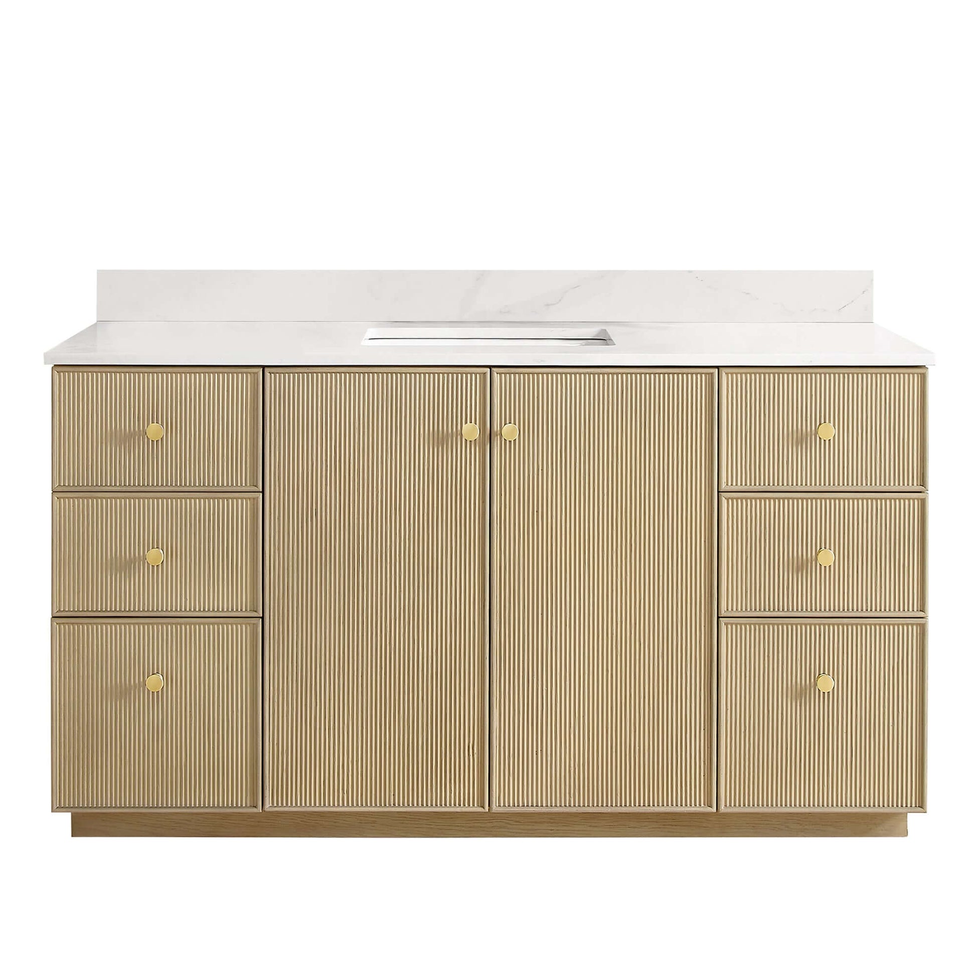 Vinnova Oza 60-inch free-standing single vanity in aged natural oak with white quartz stone top
