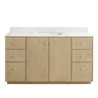 Vinnova Oza 60-inch free-standing single vanity in aged natural oak with white quartz stone top
