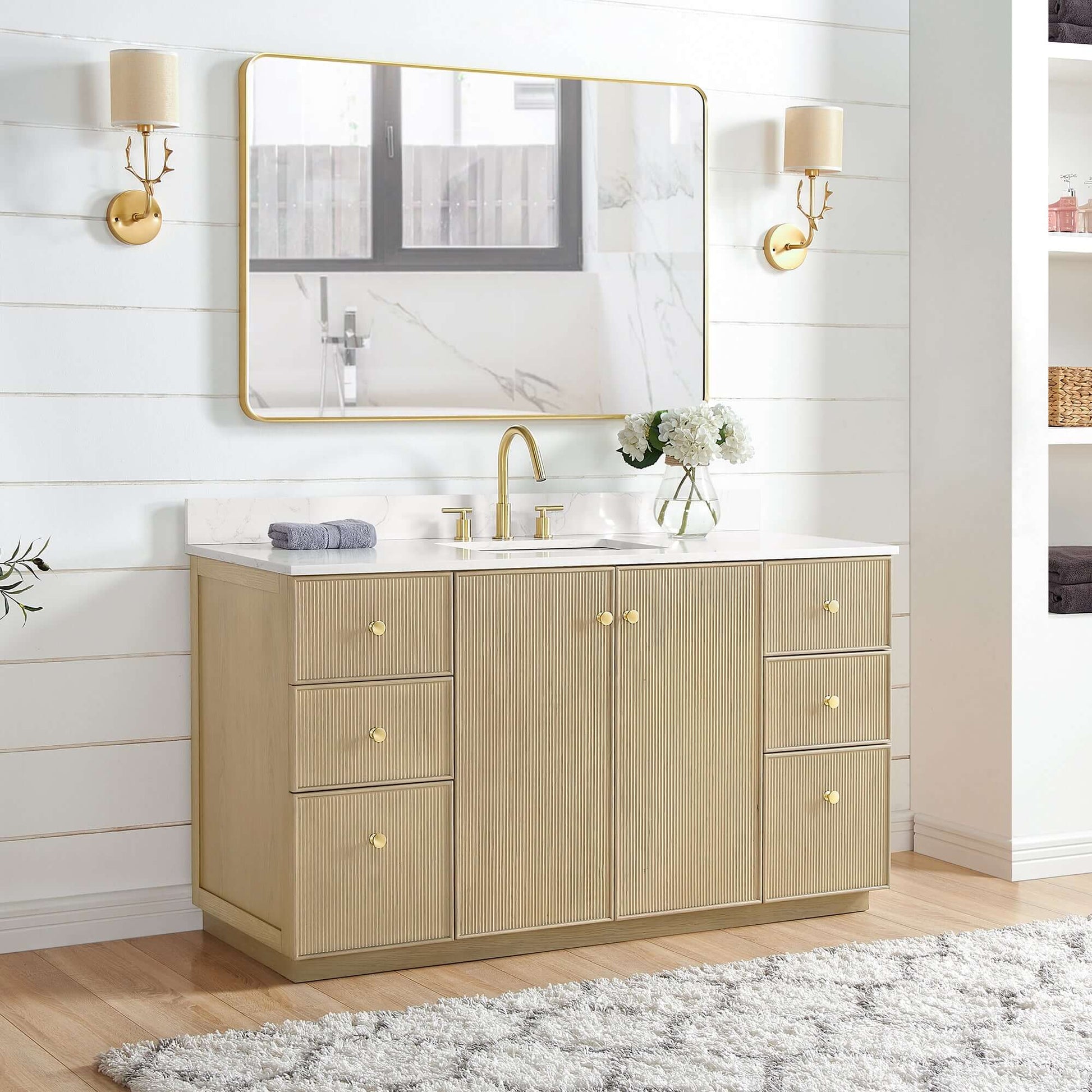 Vinnova Oza 60-inch free-standing single vanity in aged natural oak with white quartz stone top