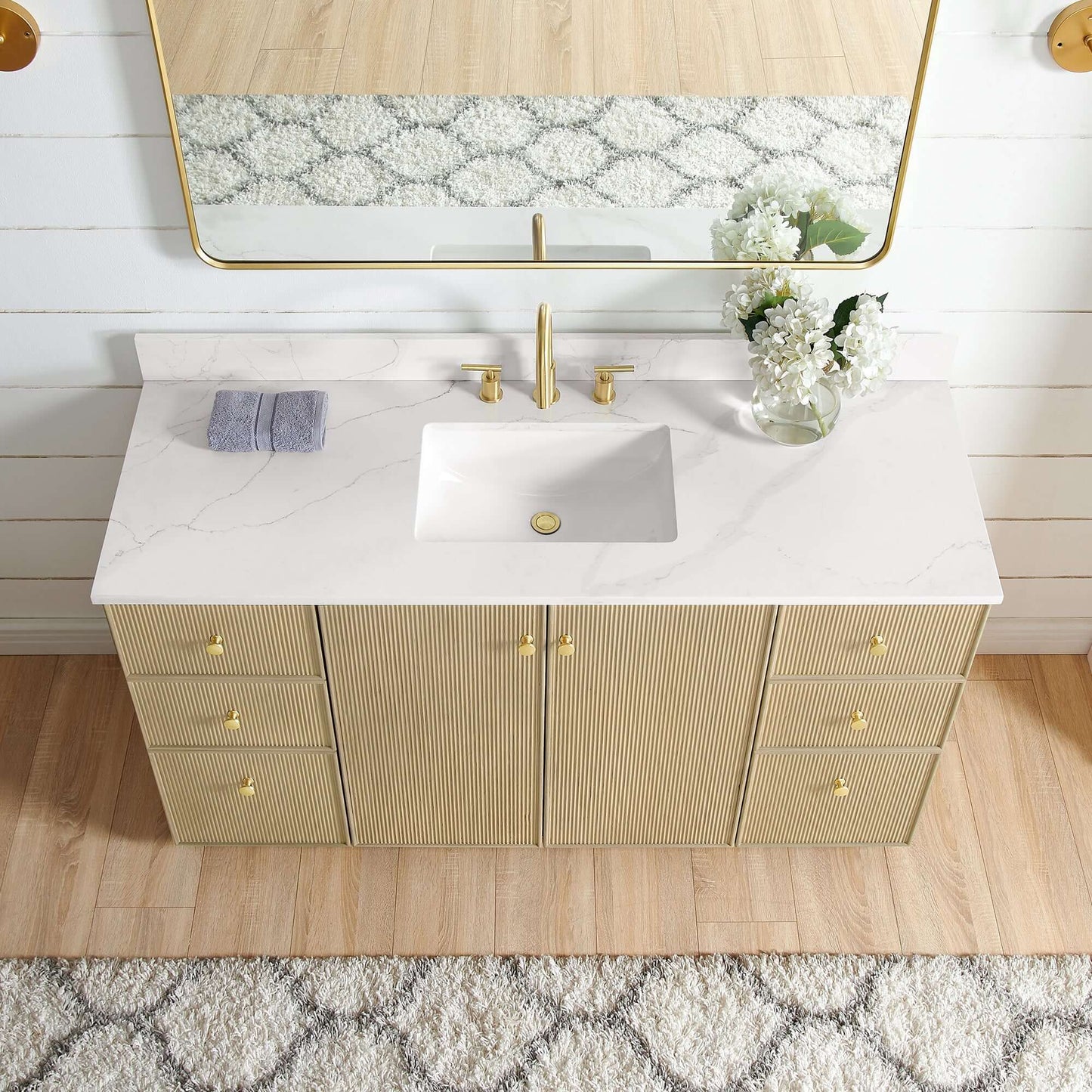 Vinnova Oza 60-inch free-standing single vanity in aged natural oak with white quartz stone top