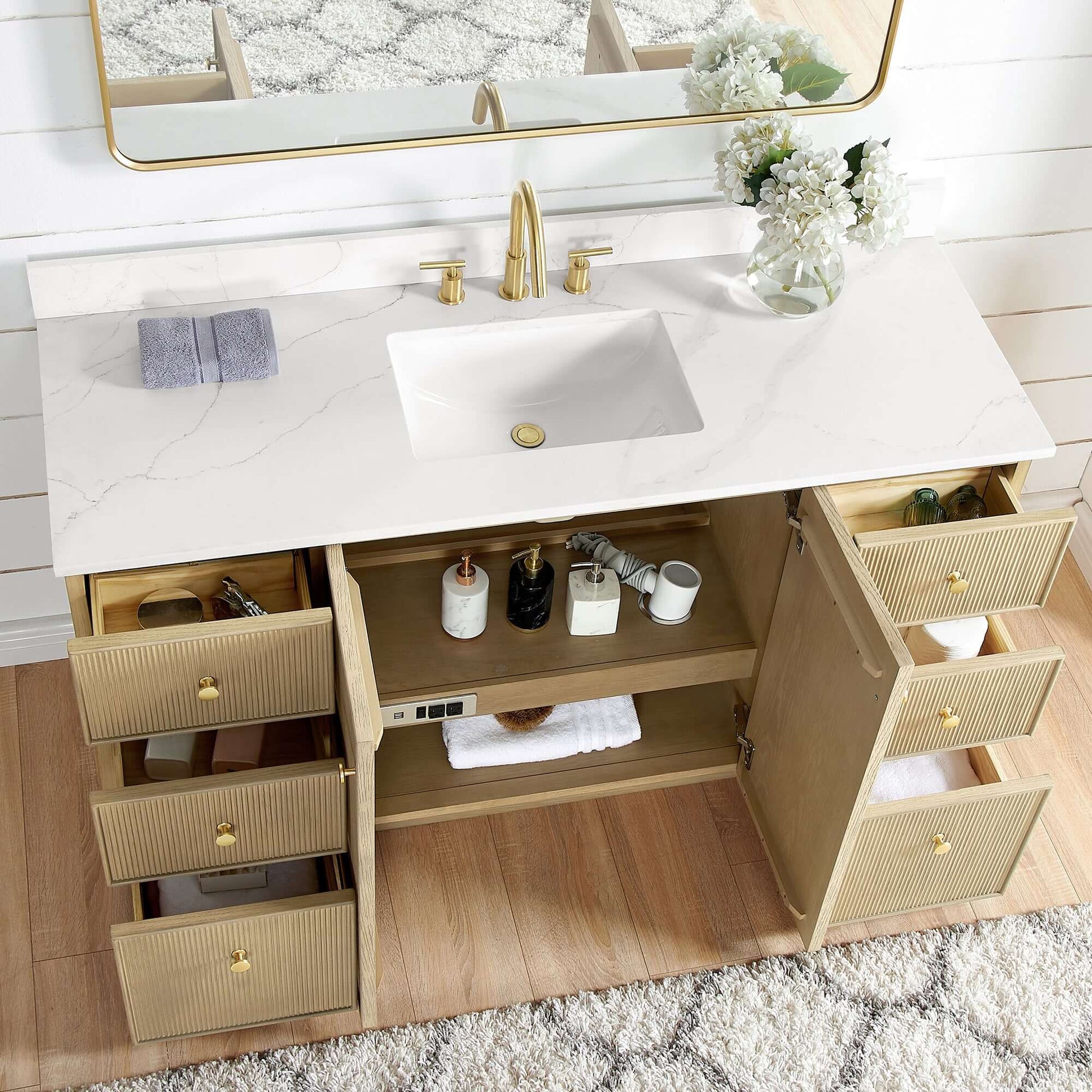 Vinnova Oza 60-inch free-standing single vanity in aged natural oak with white quartz stone top