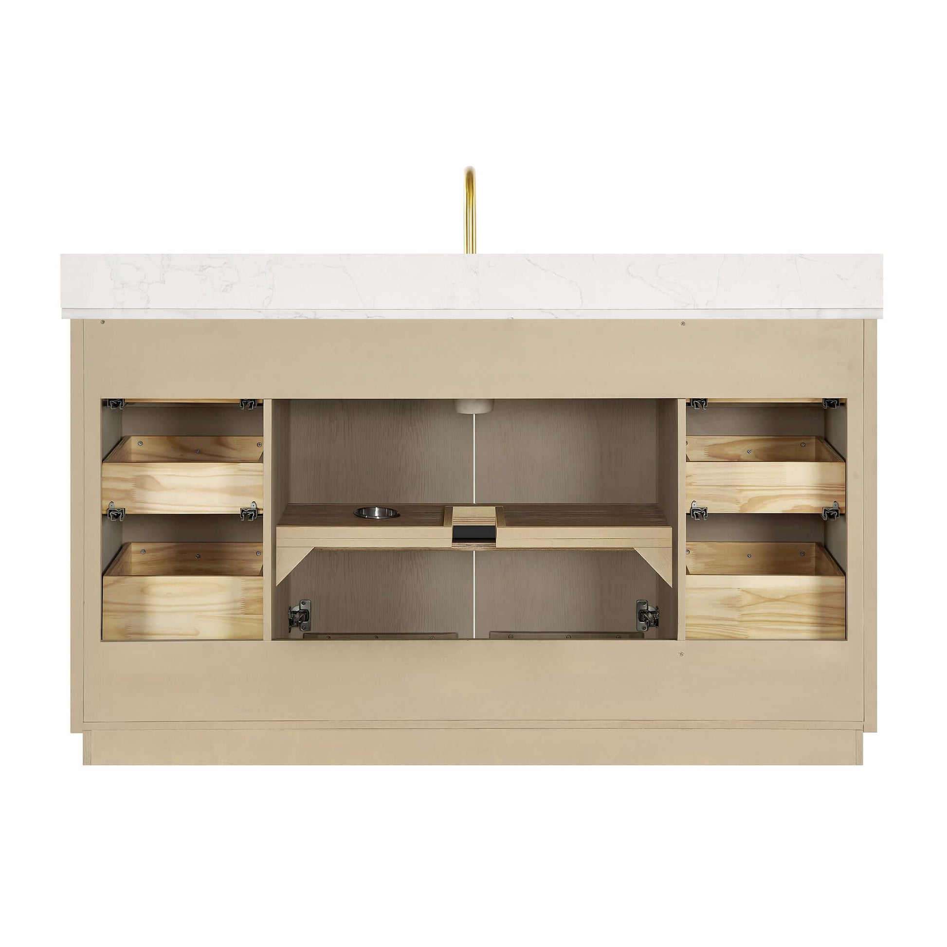 Vinnova Oza 60-inch free-standing single vanity in aged natural oak with white quartz stone top and mirror