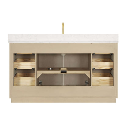 Vinnova Oza 60-inch free-standing single vanity in aged natural oak with white quartz stone top and mirror
