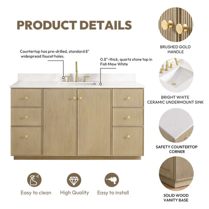 Vinnova Oza 60-inch free-standing single vanity in aged natural oak with white quartz stone top and mirror
