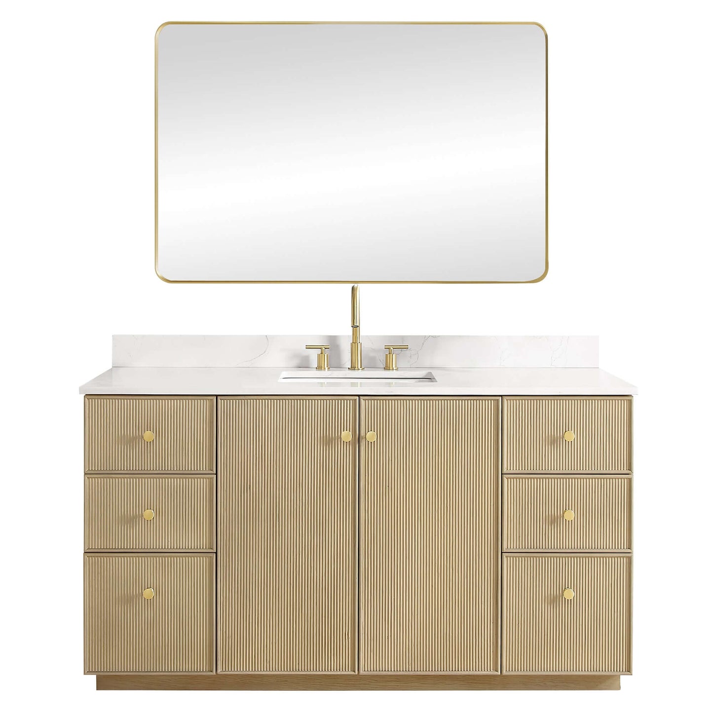 Vinnova Oza 60-inch free-standing single vanity in aged natural oak with white quartz stone top and mirror