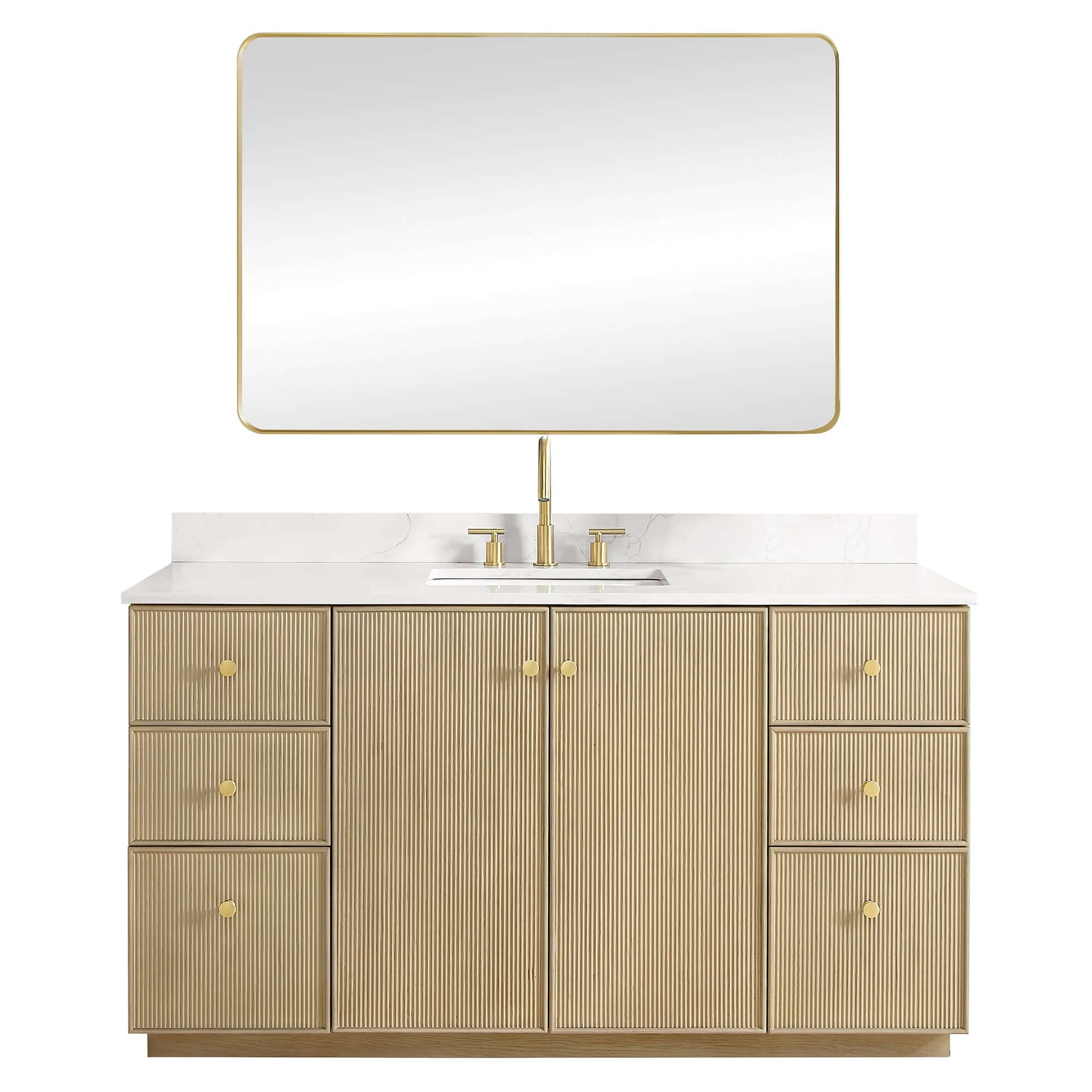 Vinnova Oza 60-inch free-standing single vanity in aged natural oak with white quartz stone top and mirror