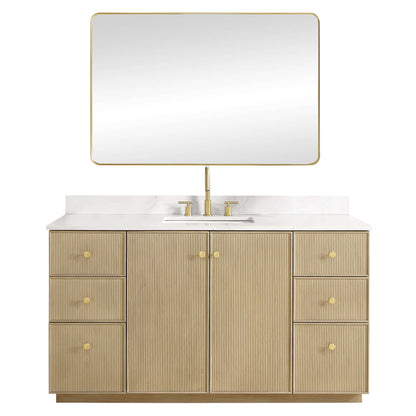 Vinnova Oza 60-inch free-standing single vanity in aged natural oak with white quartz stone top and mirror