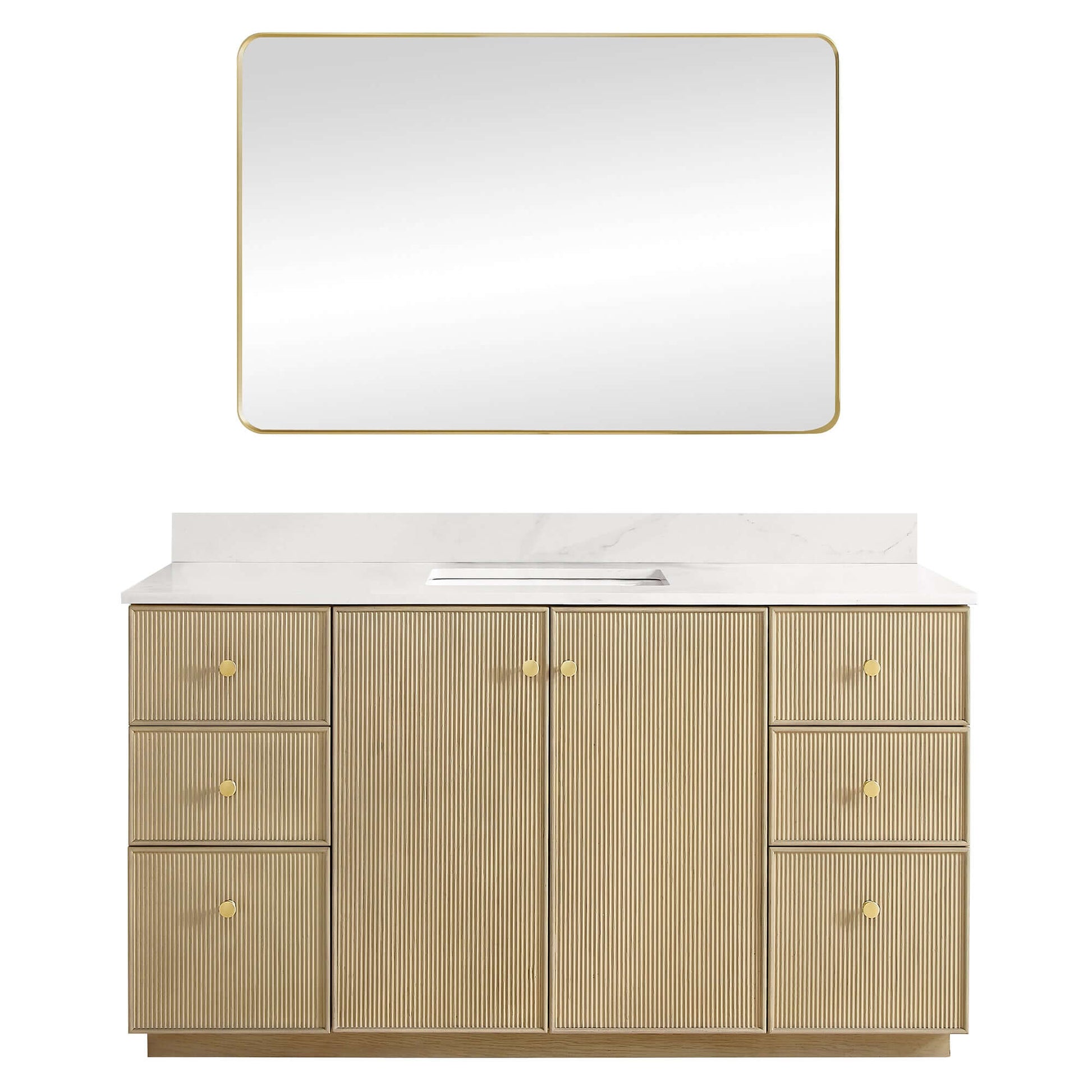 Vinnova Oza 60-inch free-standing single vanity in aged natural oak with white quartz stone top and mirror