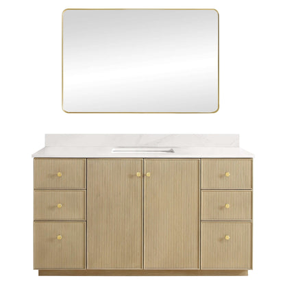 Vinnova Oza 60-inch free-standing single vanity in aged natural oak with white quartz stone top and mirror