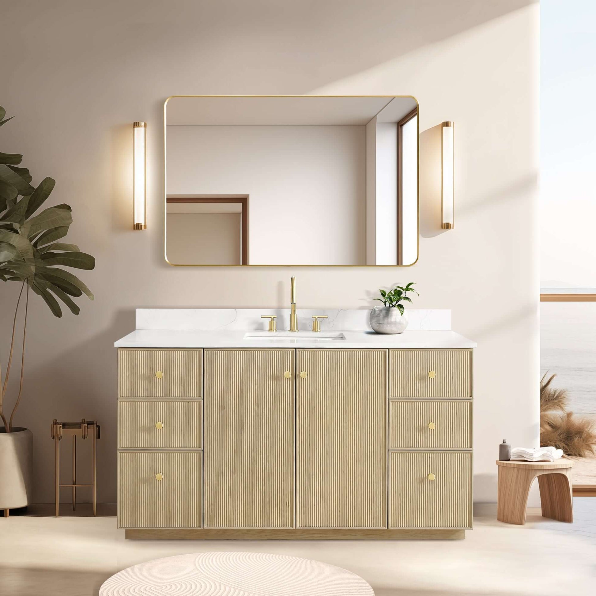 Vinnova Oza 60-inch free-standing single vanity in aged natural oak with white quartz stone top and mirror
