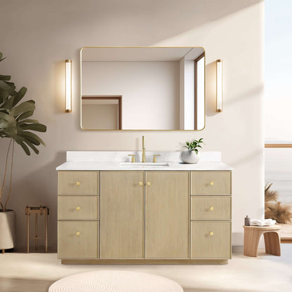 Vinnova Oza 60-inch free-standing single vanity in aged natural oak with white quartz stone top and mirror