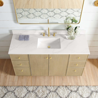 Vinnova Oza 60-inch free-standing single vanity in aged natural oak with white quartz stone top and mirror