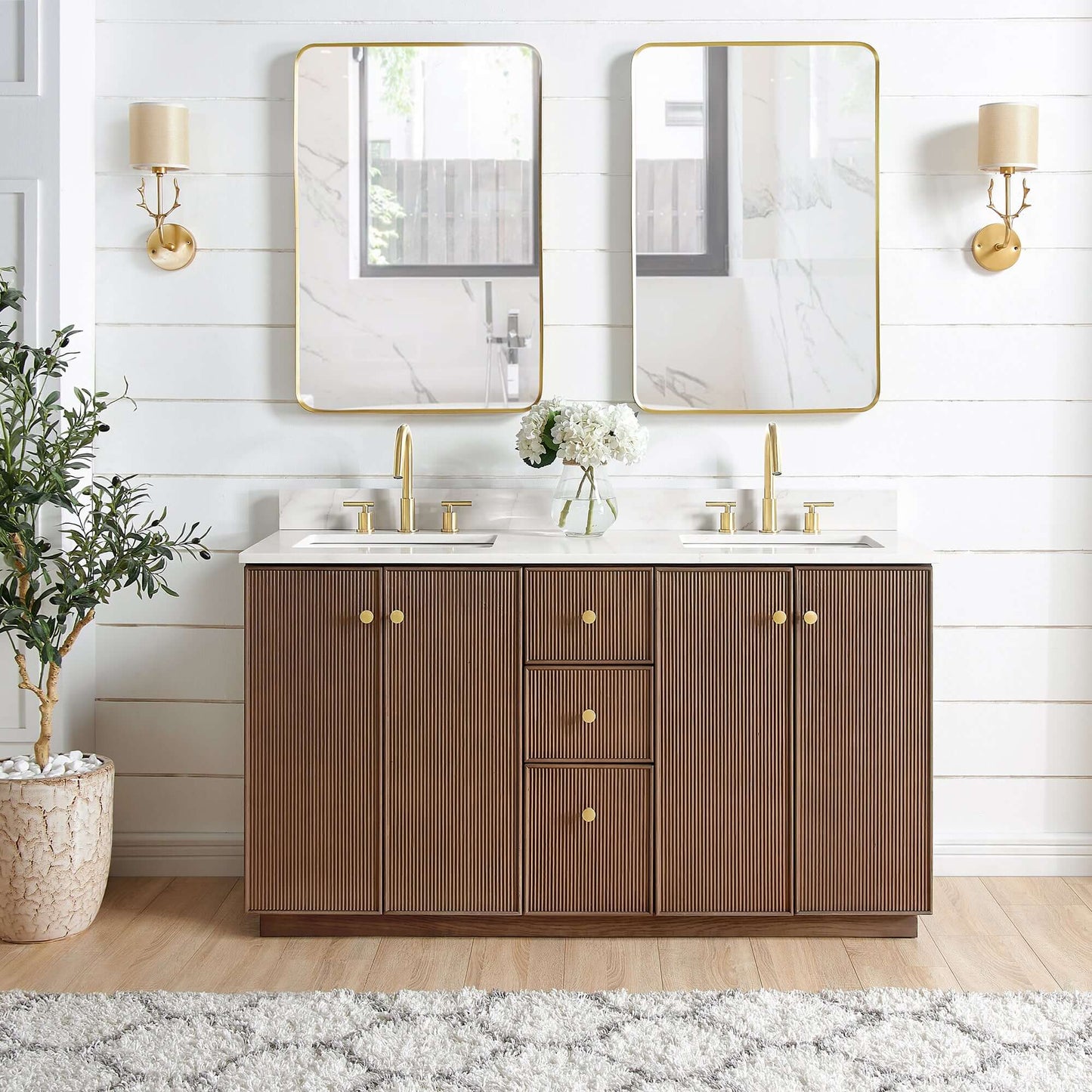 Vinnova Oza 60-inch free-standing double bathroom vanity in aged dark brown oak with Fish Maw white quartz stone top