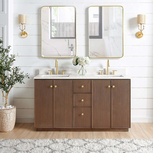 Vinnova Oza 60-inch free-standing double bathroom vanity in aged dark brown oak with Fish Maw white quartz stone top