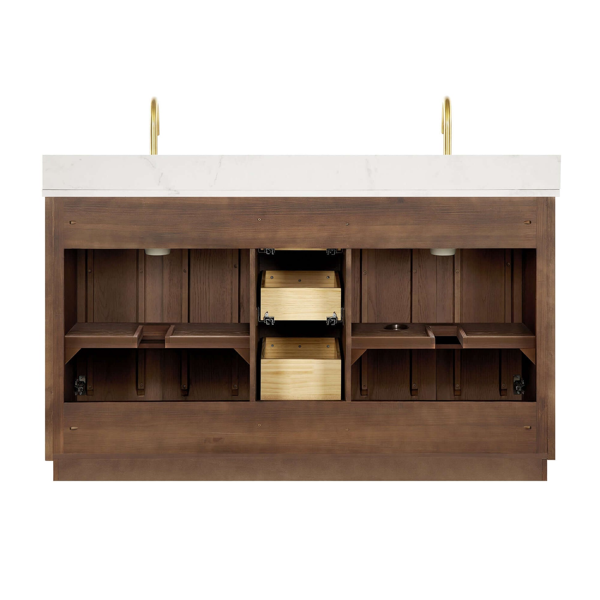 Vinnova Oza 60-inch free-standing double bathroom vanity in aged dark brown oak with Fish Maw white quartz stone top