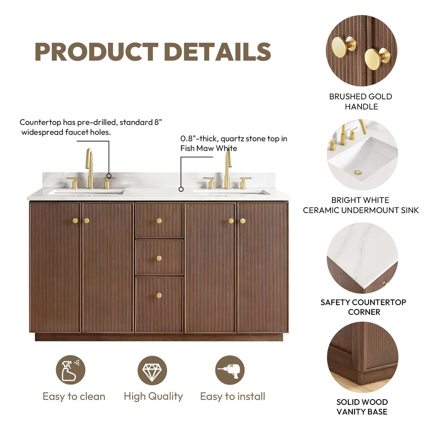Vinnova Oza 60-inch free-standing double bathroom vanity in aged dark brown oak with Fish Maw white quartz stone top