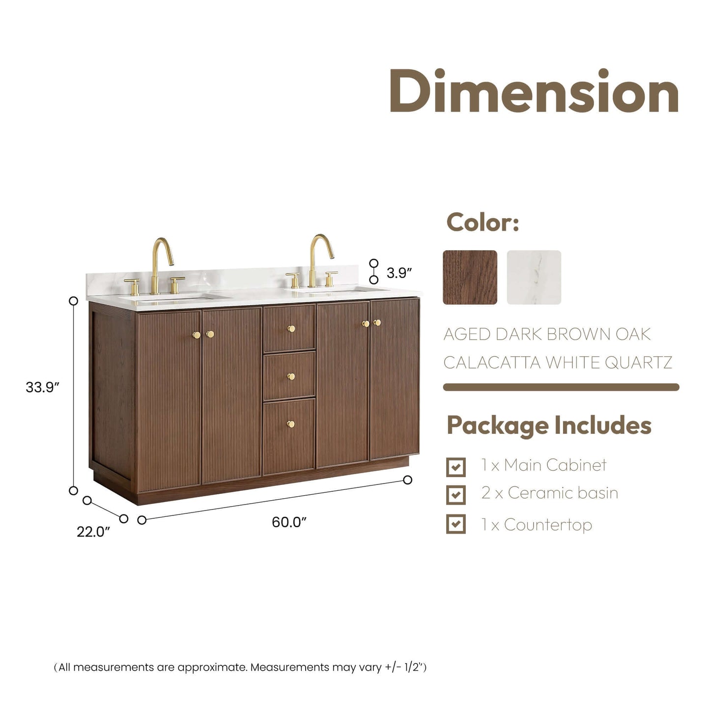 Vinnova Oza 60-inch free-standing double bathroom vanity in aged dark brown oak with Fish Maw white quartz stone top