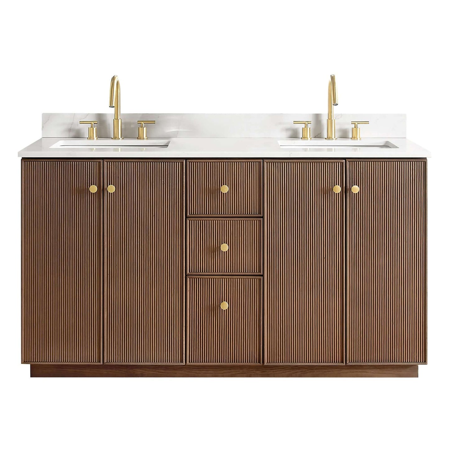 Vinnova Oza 60-inch free-standing double bathroom vanity in aged dark brown oak with Fish Maw white quartz stone top
