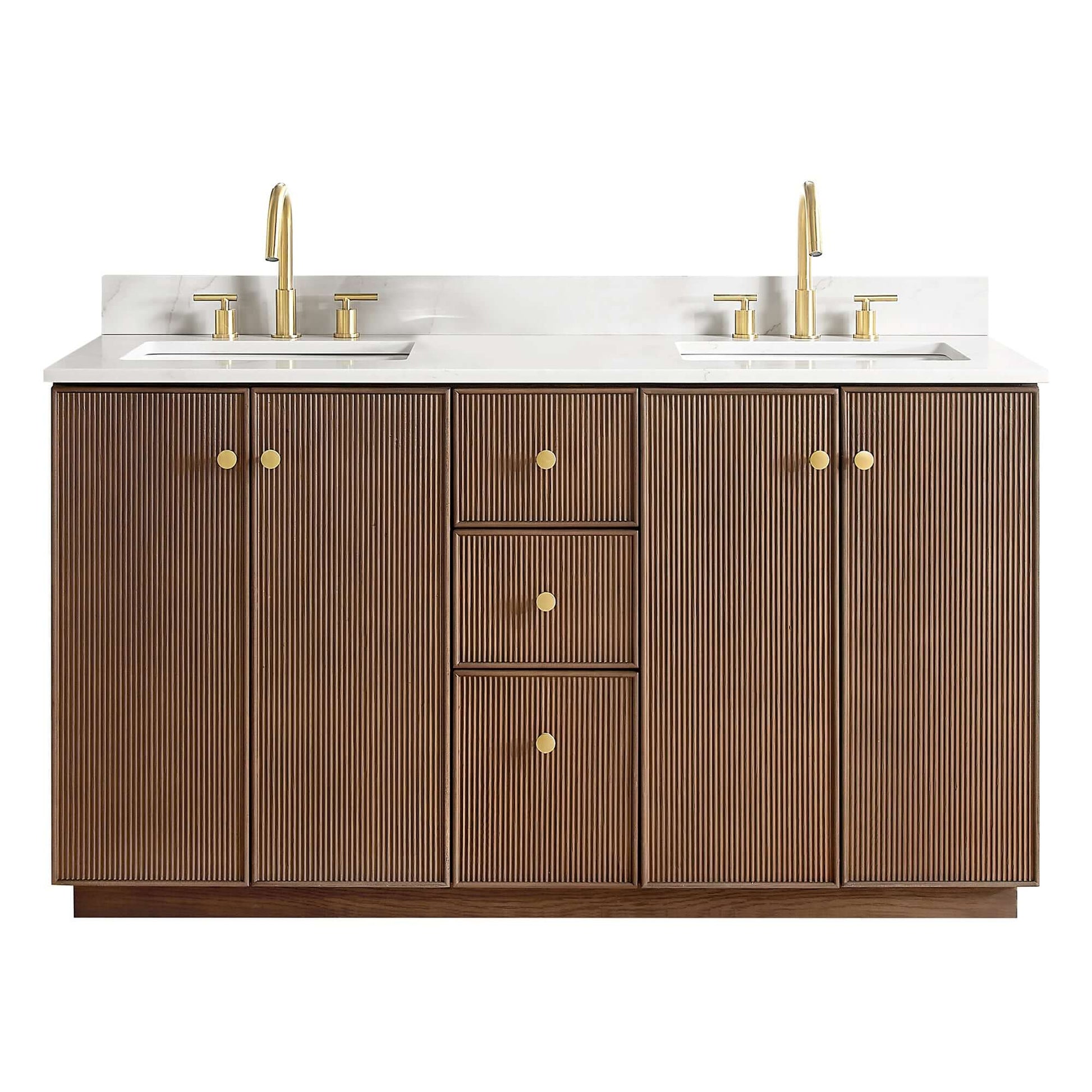 Vinnova Oza 60-inch free-standing double bathroom vanity in aged dark brown oak with Fish Maw white quartz stone top