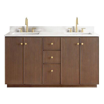 Vinnova Oza 60-inch free-standing double bathroom vanity in aged dark brown oak with Fish Maw white quartz stone top