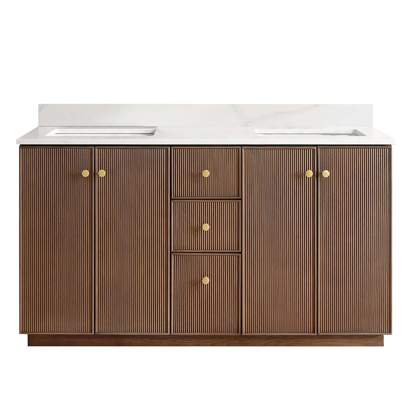 Vinnova Oza 60-inch free-standing double bathroom vanity in aged dark brown oak with Fish Maw white quartz stone top